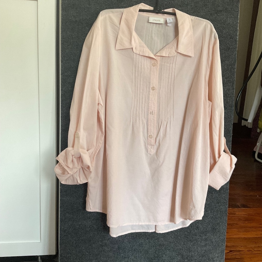 BLUSH  PINK COTTON TOP SHIRT BLOUSE PINTUCK PIN TUCKS CHICOS SZ 3 /14/16 /XL VGC